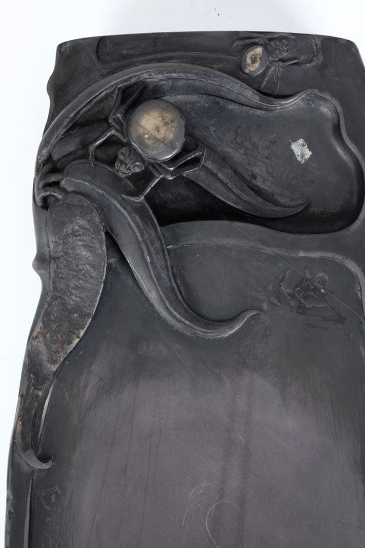 時代物 端渓硯 坑仔岩 蜘蛛紋竹形硯 唐木箱付 書道具 文房四宝 古美術 骨董品