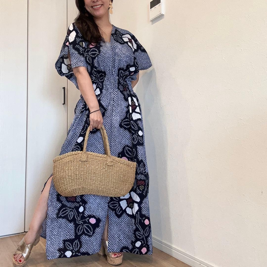 浴衣　リメイク　有松絞り　ワンピース ハンドメイド　ロング　白　紺　ピンク