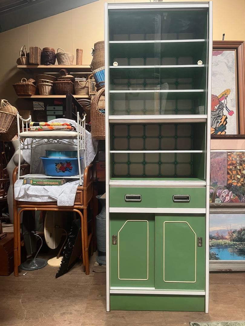 食器棚 緑 飾り棚 水屋 レトロポップ 昭和レトロインテリア 当時物