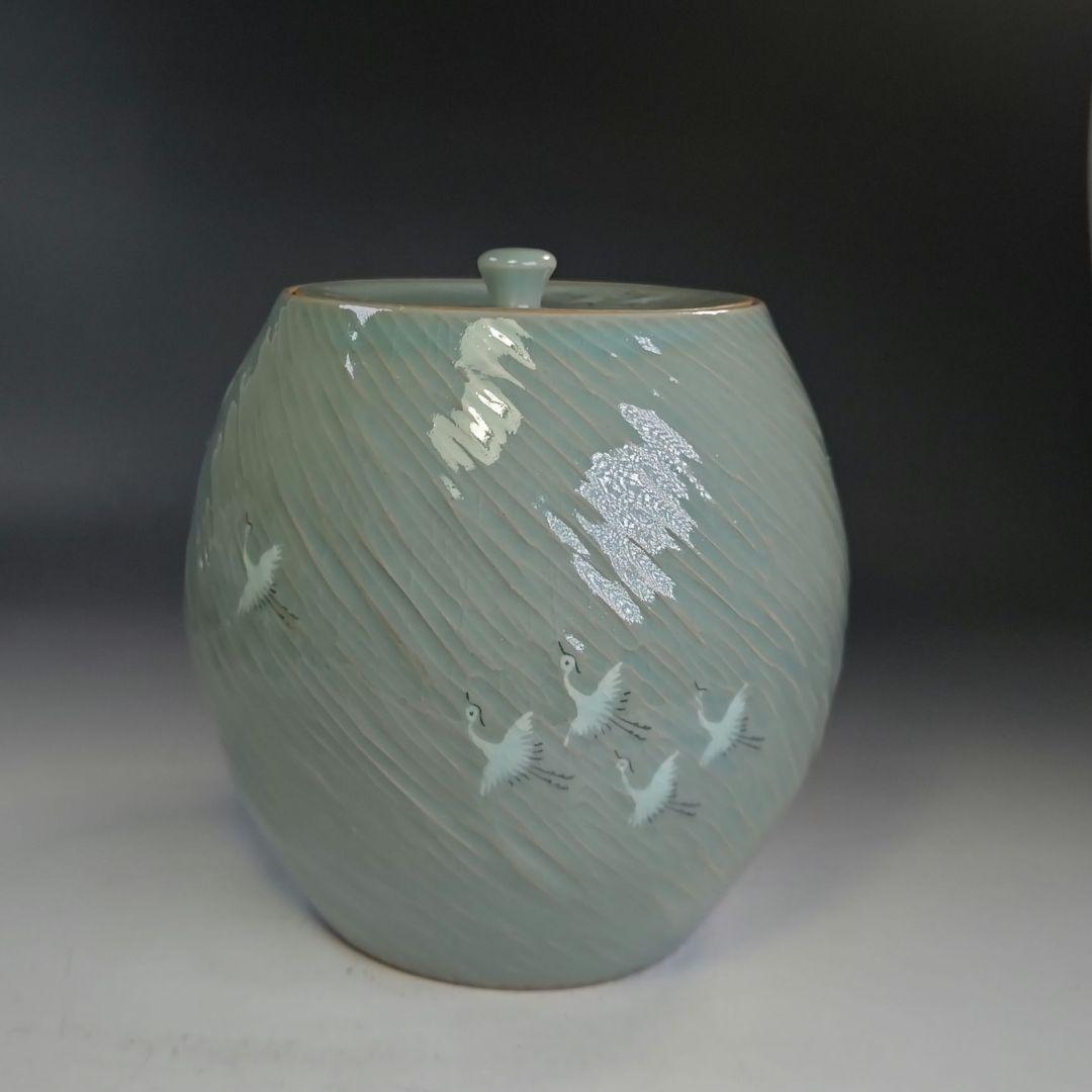 イ892 皆具『東國窯作』『韓国青磁鶴象嵌文　皆具　共箱』茶道具