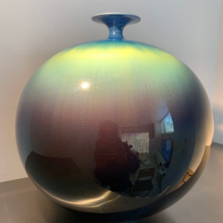 九谷焼　人間国宝 三代　徳田八十吉 (徳田正彦)「碧明釉壷」26cm 共布共箱