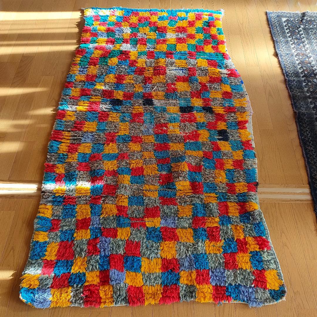 ヴィンテージ モロッコ製 カラフルチェックラグ
