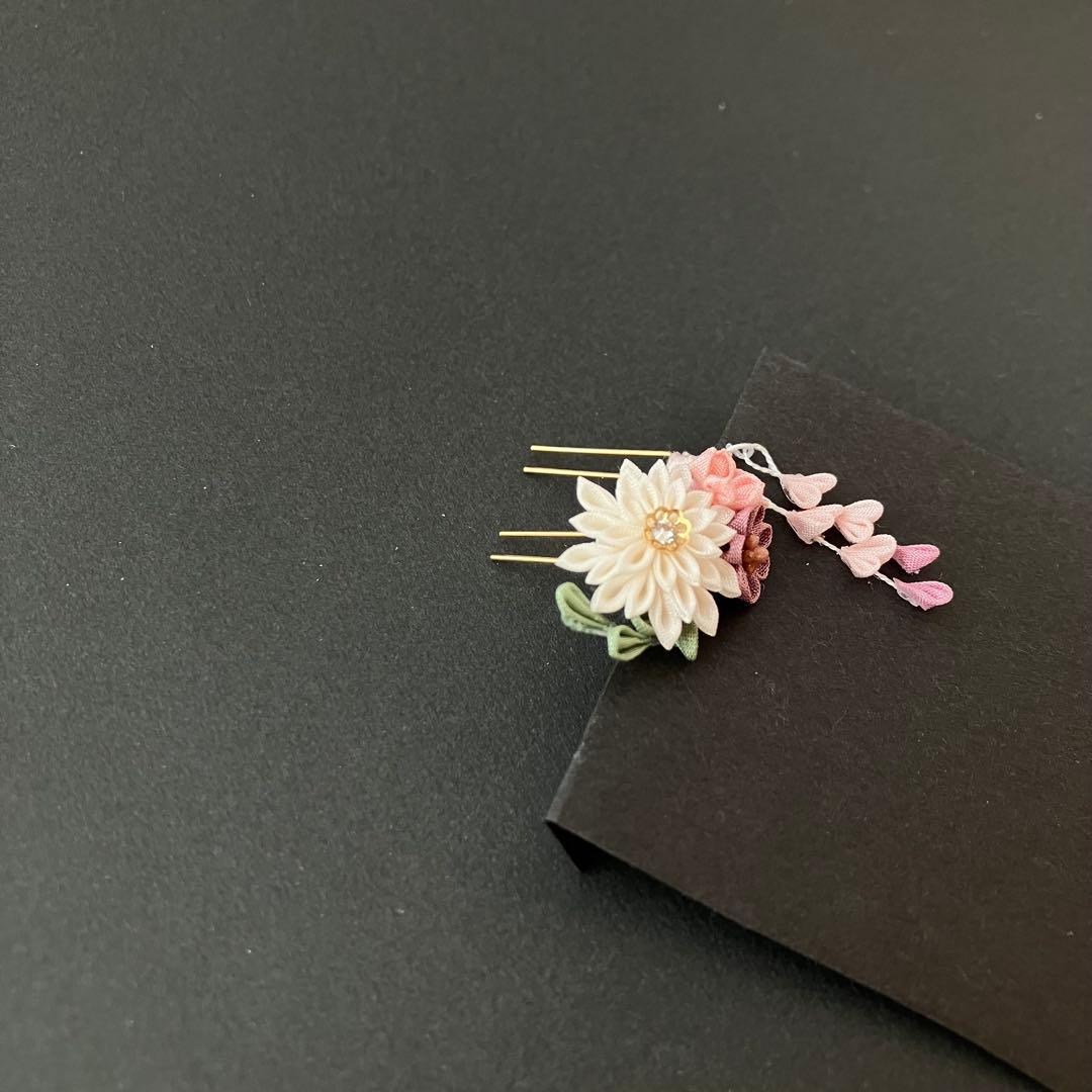 ドール用　ホワイト×ピンク和風かんざし 髪飾り　リカちゃん　振袖　着物