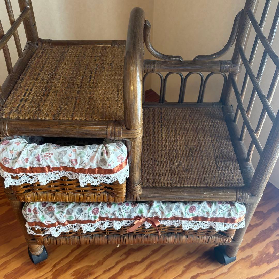 昭和レトロ 籐製 ハンガーラック 収納付き ヴィンテージ アンティーク調