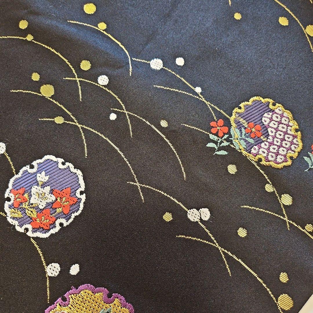 名古屋帯☆雪輪文様☆九寸☆露草☆正絹☆セミフォーマル☆黒地☆金彩