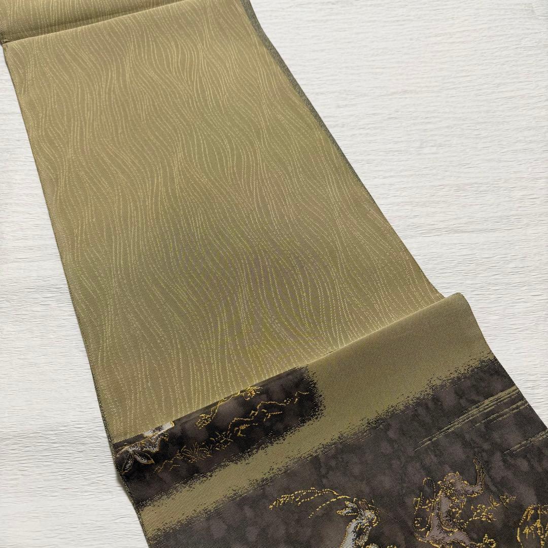 m-73 鳥獣戯画 純引箔 西陣 芳彩織 未仕立て 正絹 袋帯