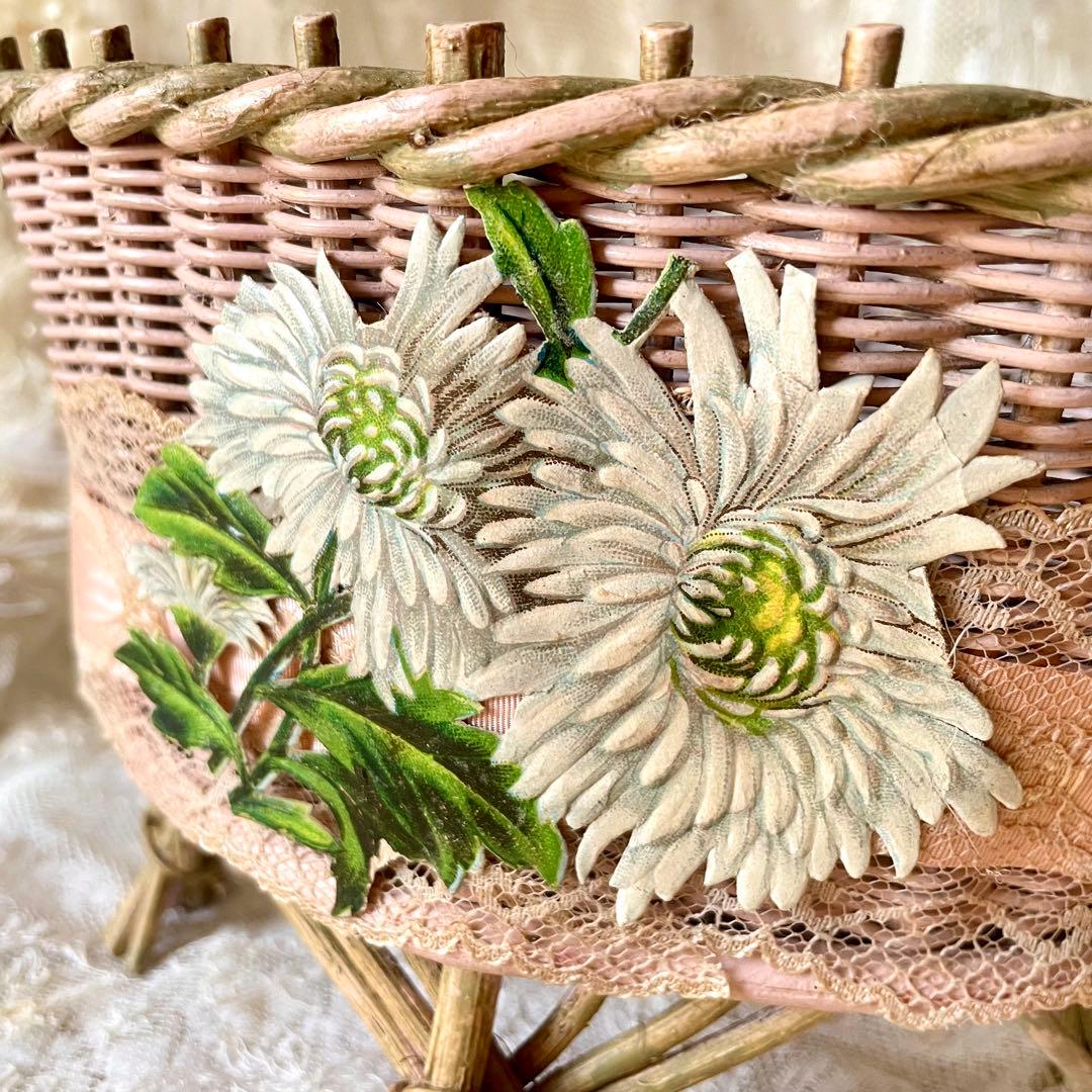 布花付きピンクドールパニエ　フランスアンティーク　かごカゴ籠　プレゼンテーション