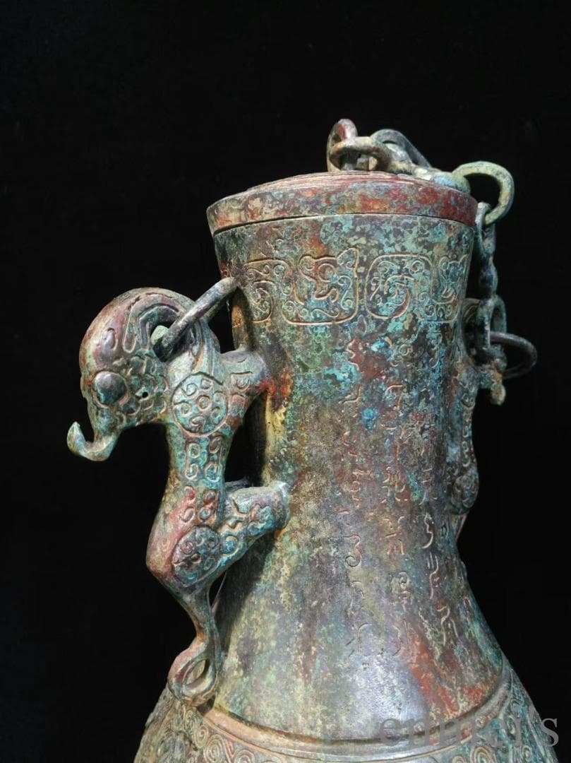 中国古美術 旧蔵 戦国款 青銅 銘文 礼器《夔龍耳提鏈壺》純銅製 高浮彫 古美味