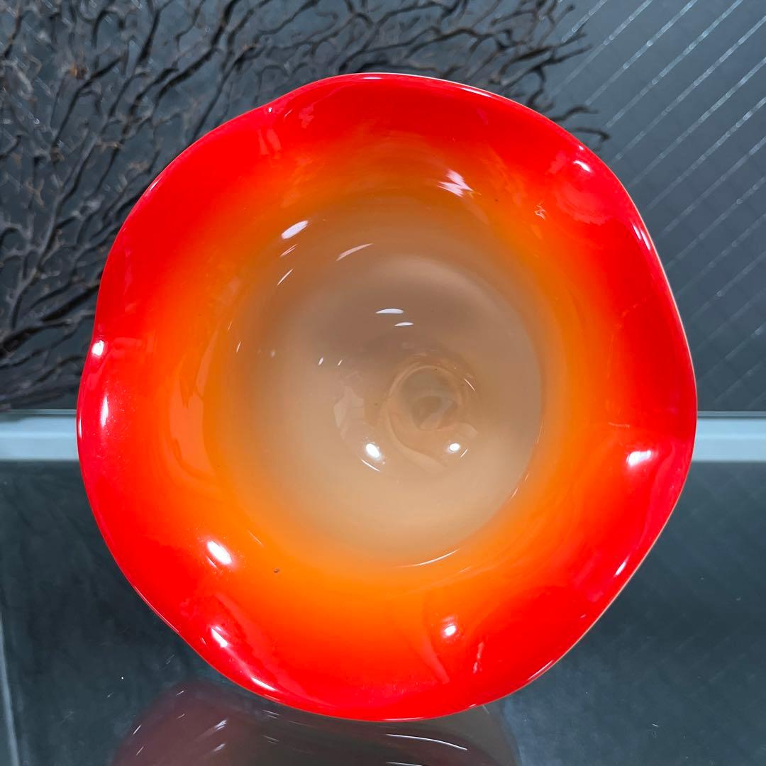 骨董　時代　２色バイカラーフリル 乳白色ガラス　橙色　脚付コンポート　菓子器