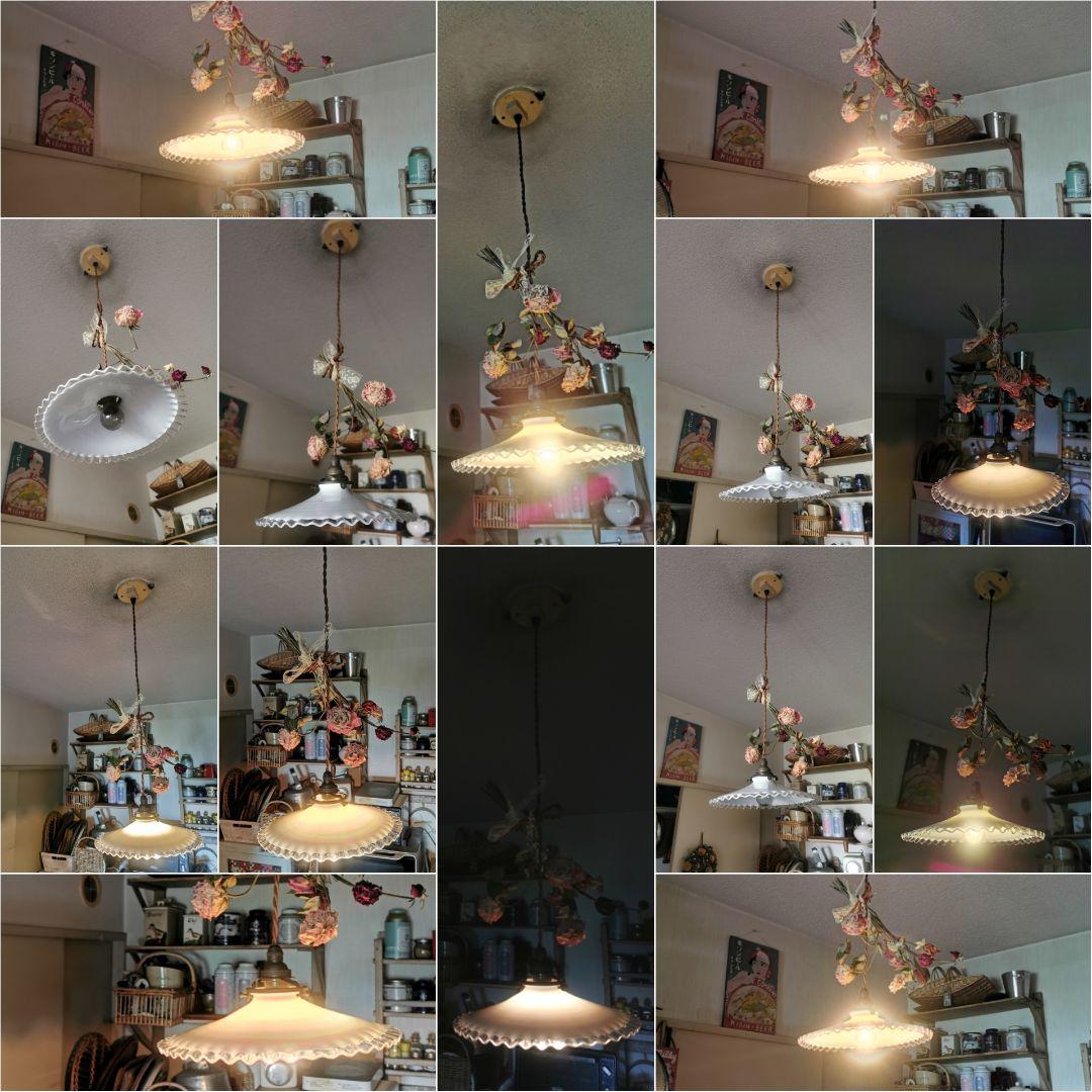 アンティーク フランス 透明＆ミルクガラスフリル シーリングランプ＆レースセット