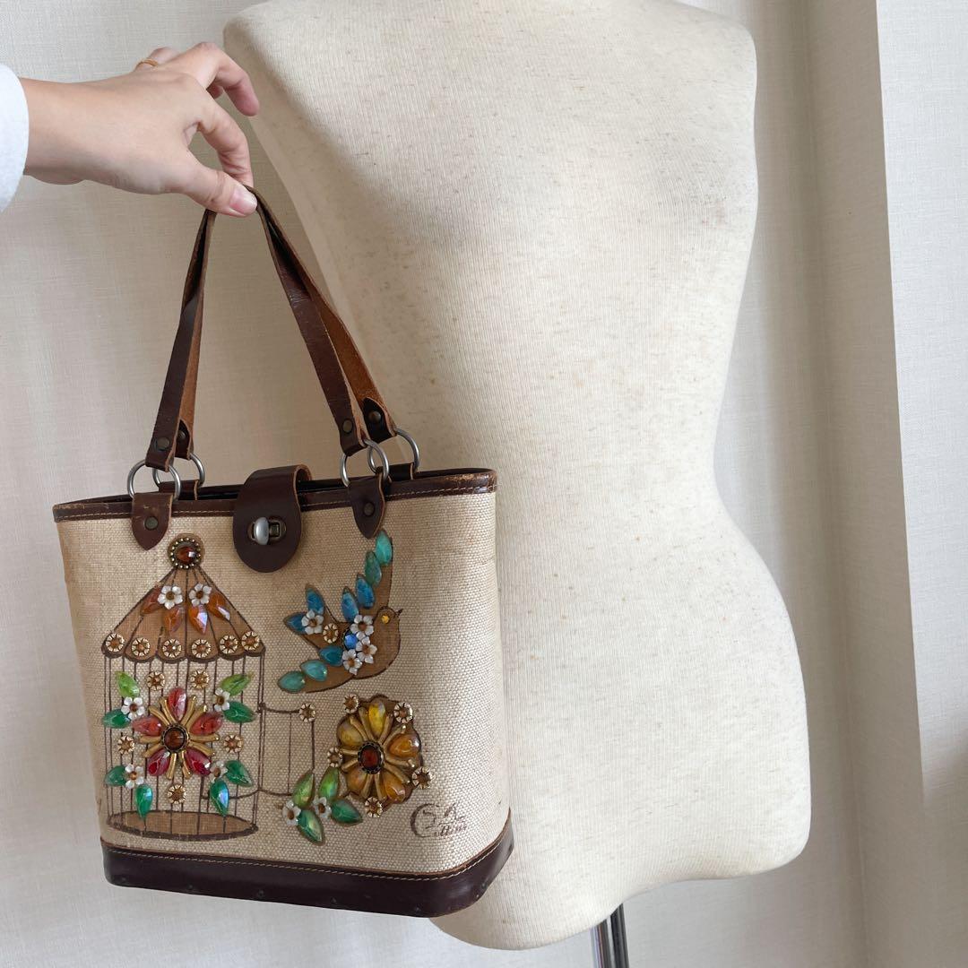 70Sヴィンテージ　Enid Collins/エニッドコリンズバッグ　鳥かご　花