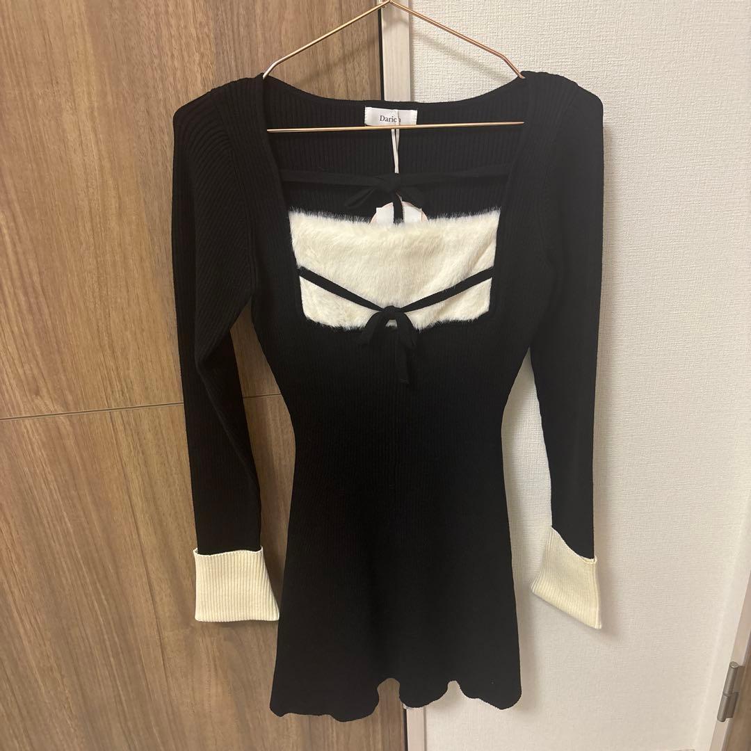 Darich リボンファーフレアニットミニワンピース BLK FREE
