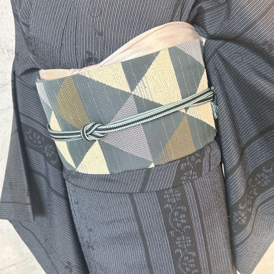 小紋　フルセット　着物　正絹　縦縞　唐草　シャレ帯　紬　p3