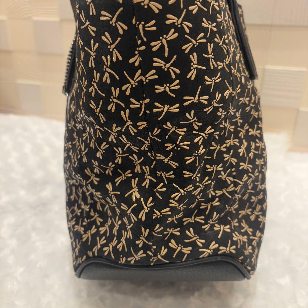 印伝　手提げ　ハンドバッグ　黒地　白漆　とんぼ　印傳屋 JRA公認　鹿革