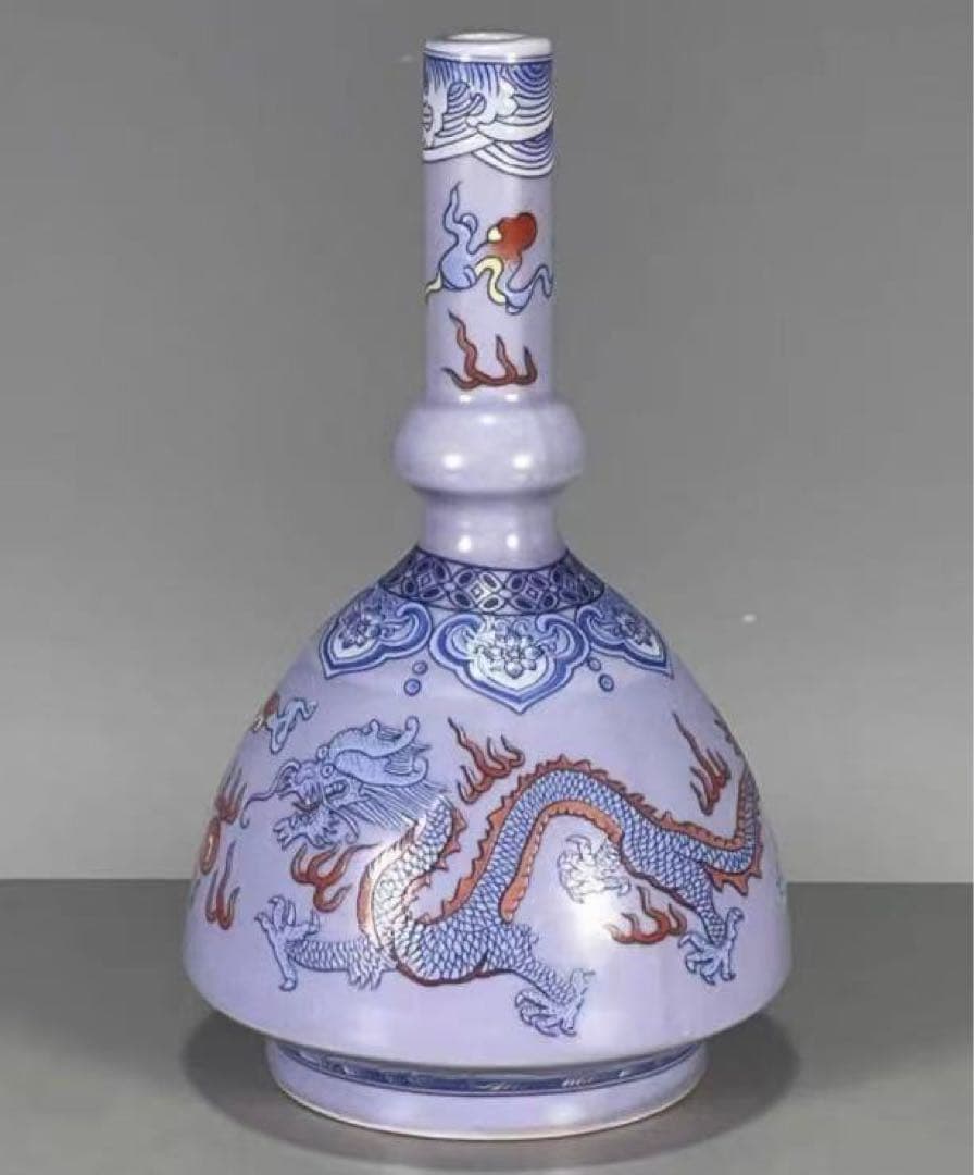 中国古美術・旧蔵粉彩　紫釉浮彫 開運龍紋瓶・置物・極細工・純手描き・旧家珍蔵