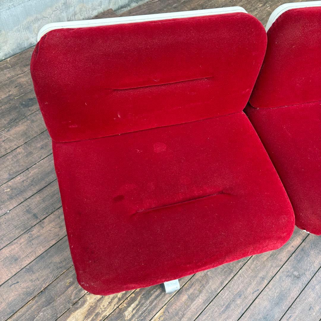 昭和レトロ オカムラ 3人掛け ベンチシート 赤 ベロア 待合椅子 ロビーチェア