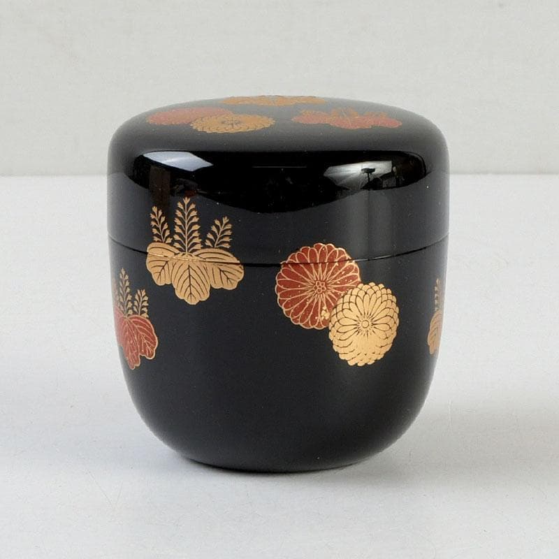 茶道具　和田寿峰作　水目　黒真塗　菊桐蒔絵　中棗　共箱　V　9378