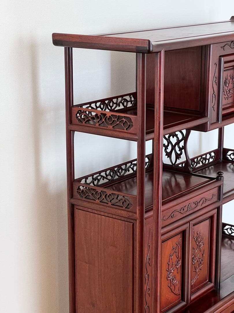 唐木 花梨 茶箪笥 飾り棚 茶棚 違い棚 和家具 木製 彫刻 アンティーク