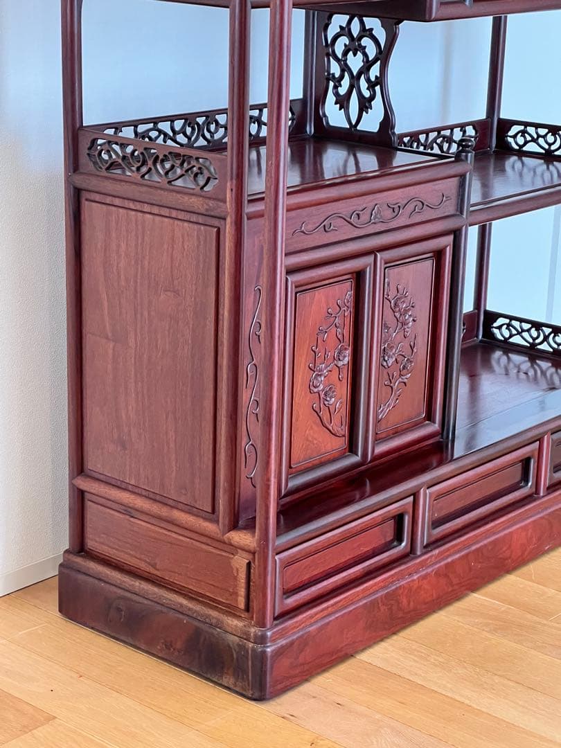 唐木 花梨 茶箪笥 飾り棚 茶棚 違い棚 和家具 木製 彫刻 アンティーク