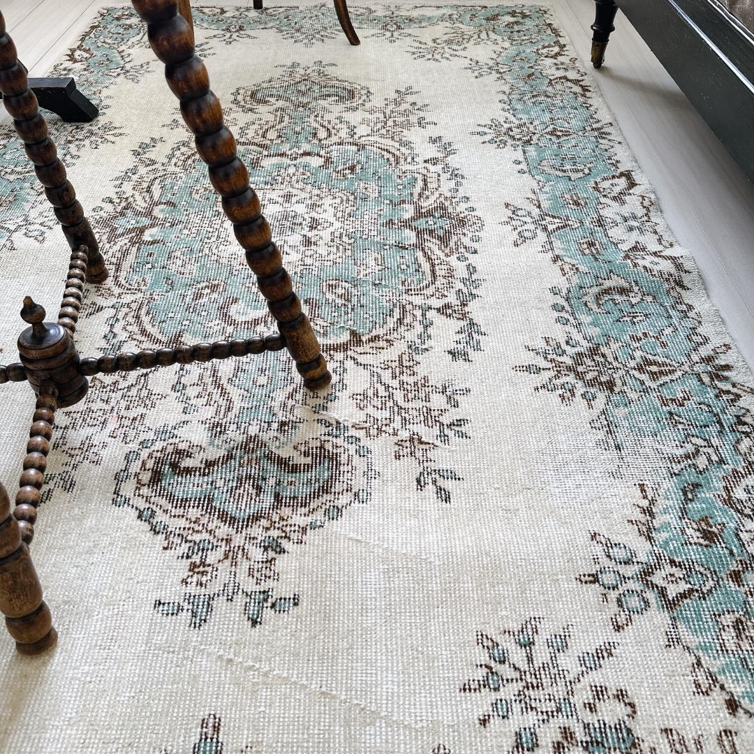 トルコ ヴィンテージラグ A121 定番 クリーム ターコイズブルー メダリオン
