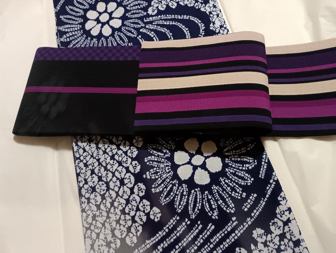 撫松庵　半幅帯 なでしこ柄 ストライプ 黒紫