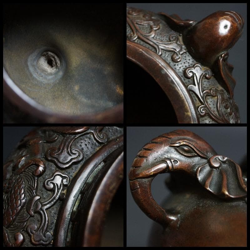 乾隆年製 銅製 金工細工『獅子文』香炉 象摘 象双耳 透かし蓋 三足香炉 銅製台