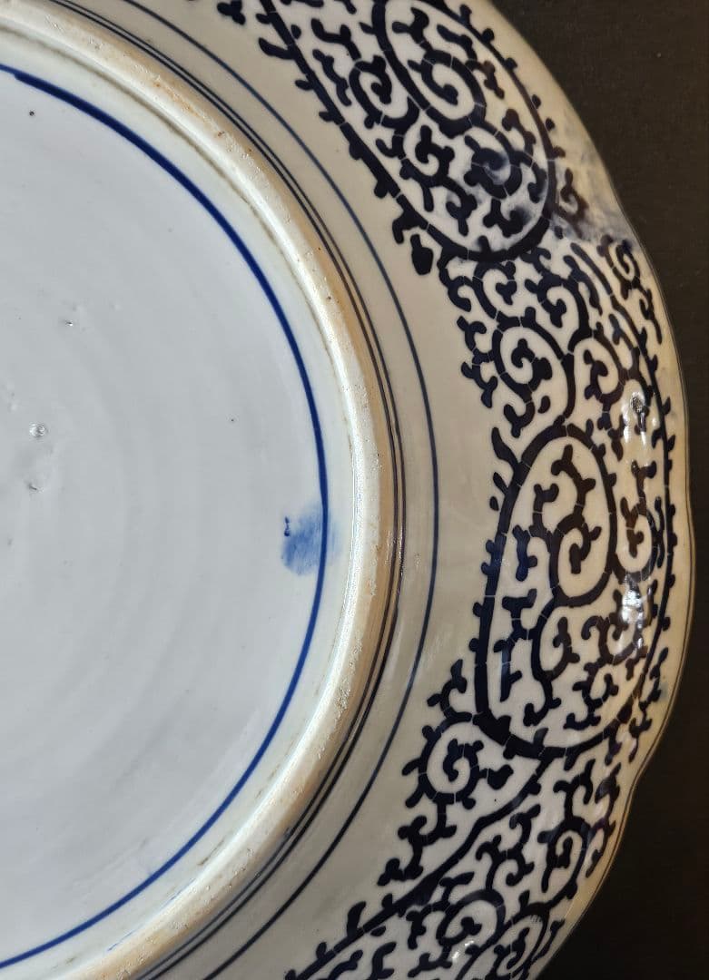 【特大❗】明治時代　印判　銅版転写 みじん唐草　裏　たこ唐草　径46.4cm大皿