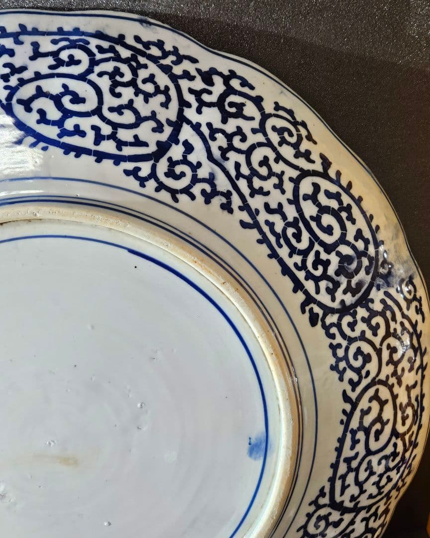 【特大❗】明治時代　印判　銅版転写 みじん唐草　裏　たこ唐草　径46.4cm大皿