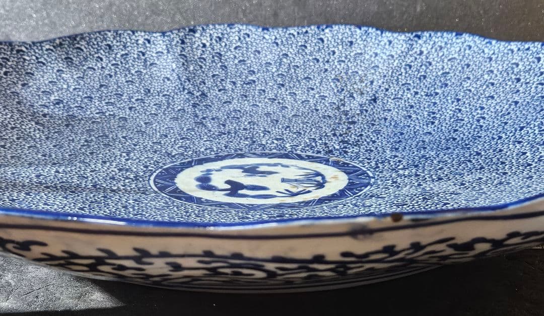 【特大❗】明治時代　印判　銅版転写 みじん唐草　裏　たこ唐草　径46.4cm大皿