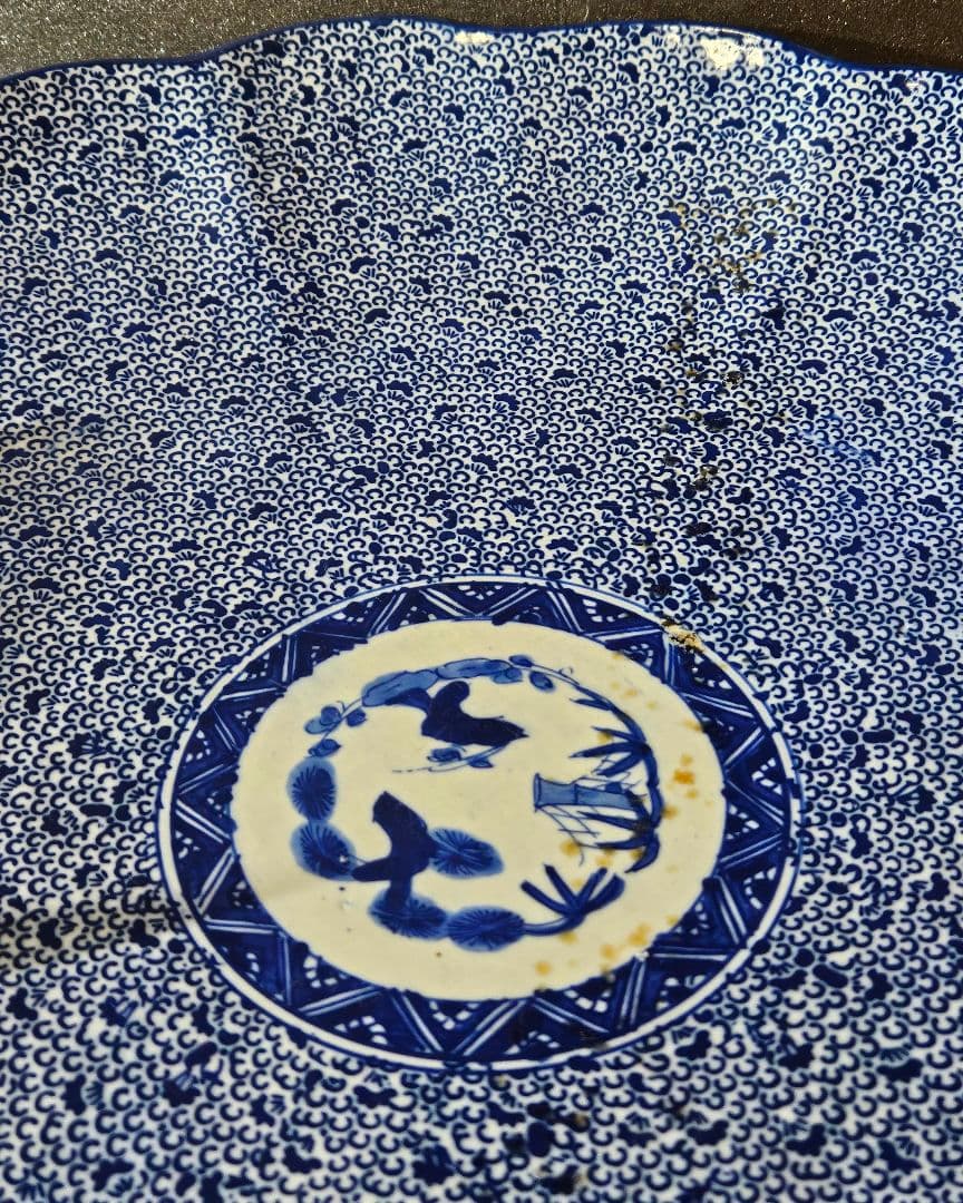 【特大❗】明治時代　印判　銅版転写 みじん唐草　裏　たこ唐草　径46.4cm大皿