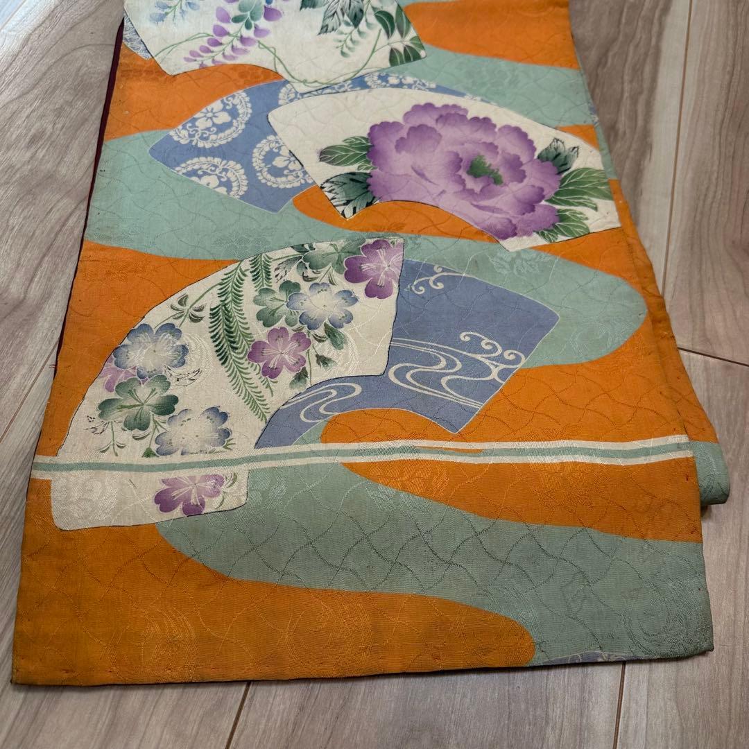 美品　正絹　着物 和服　帯　アンティーク　オレンジ　紫　水色　374 扇