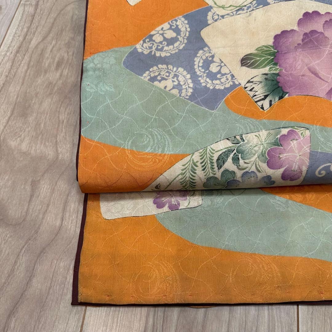 美品　正絹　着物 和服　帯　アンティーク　オレンジ　紫　水色　374 扇