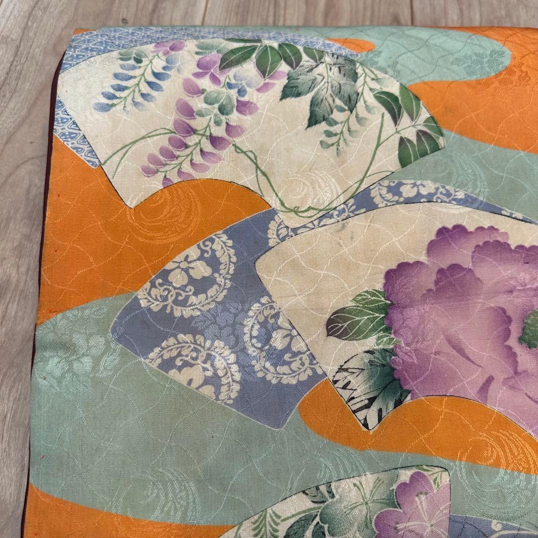 美品　正絹　着物 和服　帯　アンティーク　オレンジ　紫　水色　374 扇