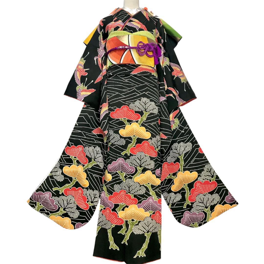 【振袖セット】松に鶴模様　黒地　6点セット　正絹　成人式　美品　アンティーク