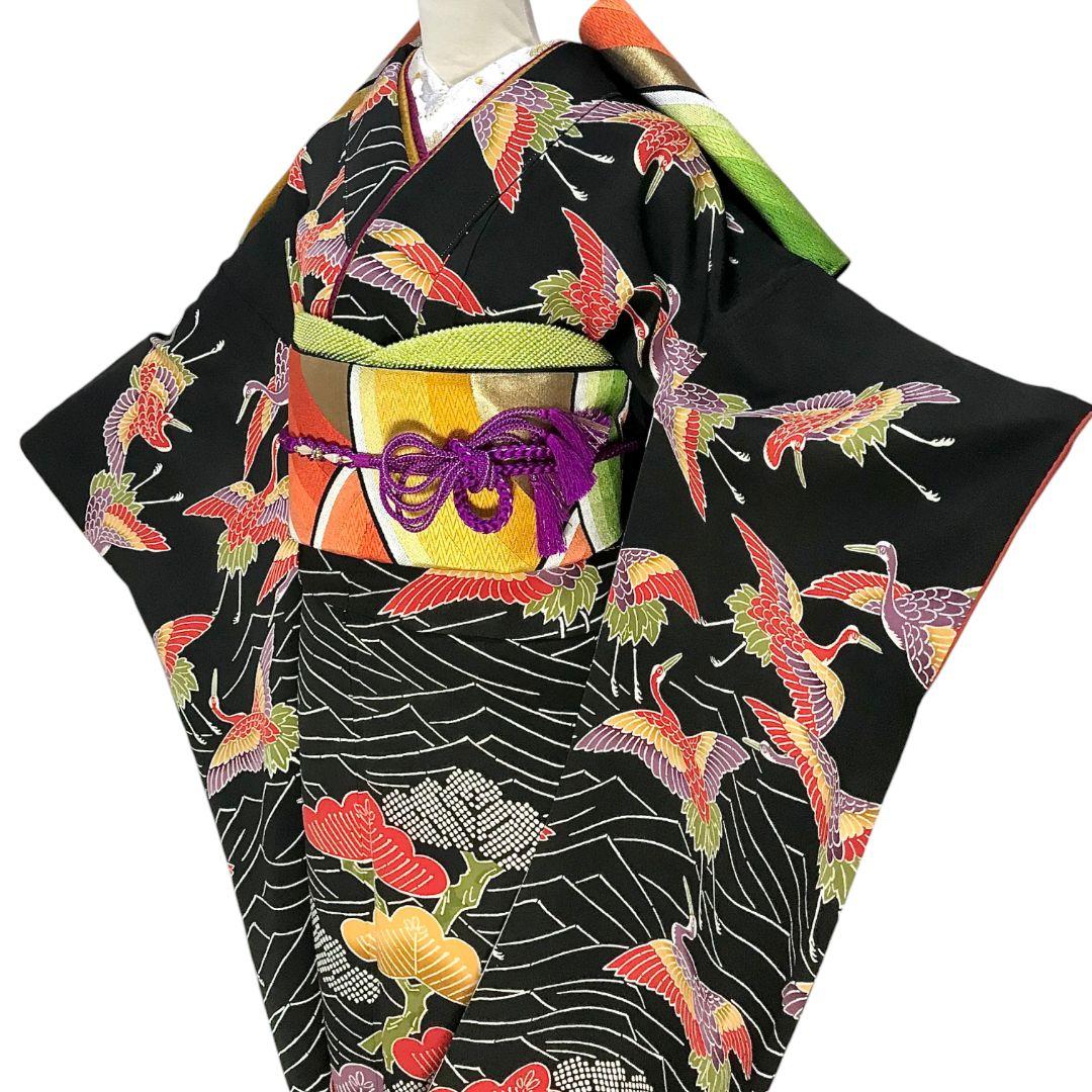 【振袖セット】松に鶴模様　黒地　6点セット　正絹　成人式　美品　アンティーク