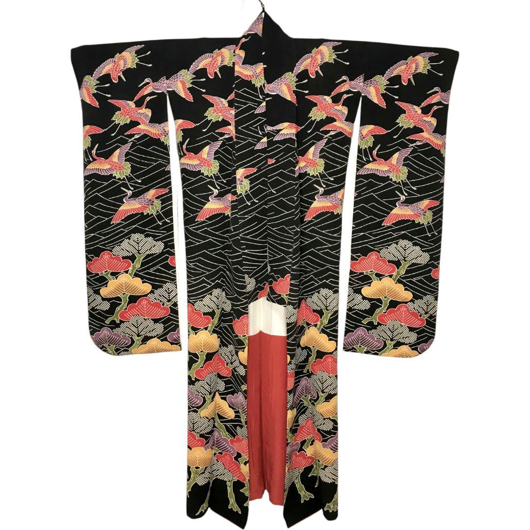 【振袖セット】松に鶴模様　黒地　6点セット　正絹　成人式　美品　アンティーク