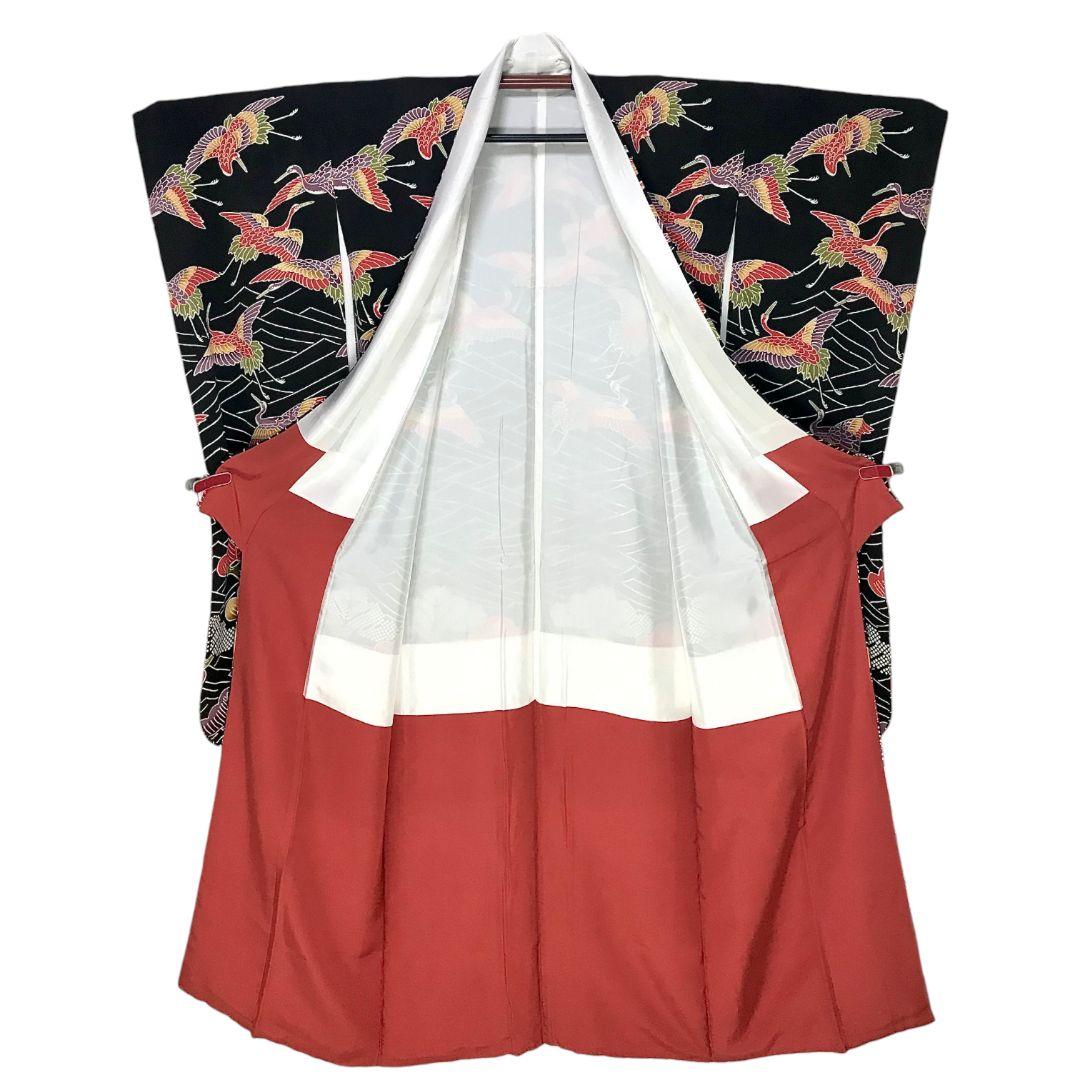 【振袖セット】松に鶴模様　黒地　6点セット　正絹　成人式　美品　アンティーク