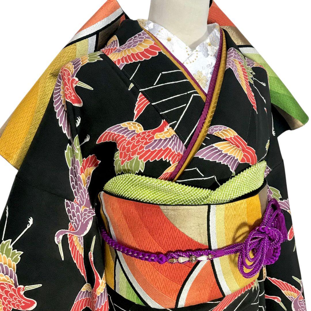 【振袖セット】松に鶴模様　黒地　6点セット　正絹　成人式　美品　アンティーク