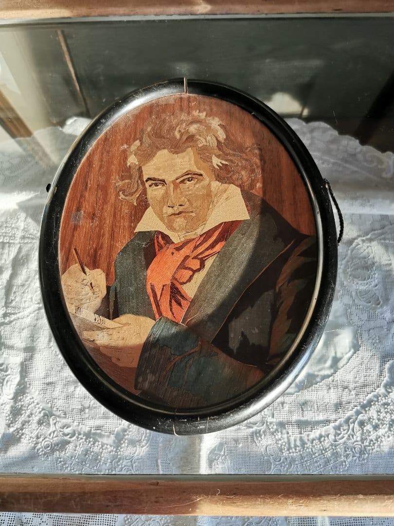 アンティークドイツ ベートーヴェン 象嵌肖像画 マホガニー ブラックフレーム