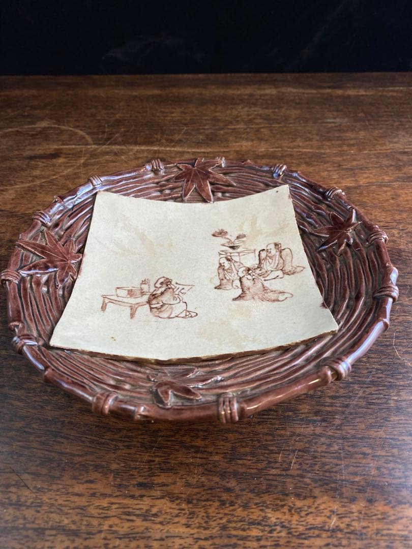 萬古焼陶器皿　日本陶磁器　工芸品　骨董品　美術品　置物　お皿　食器