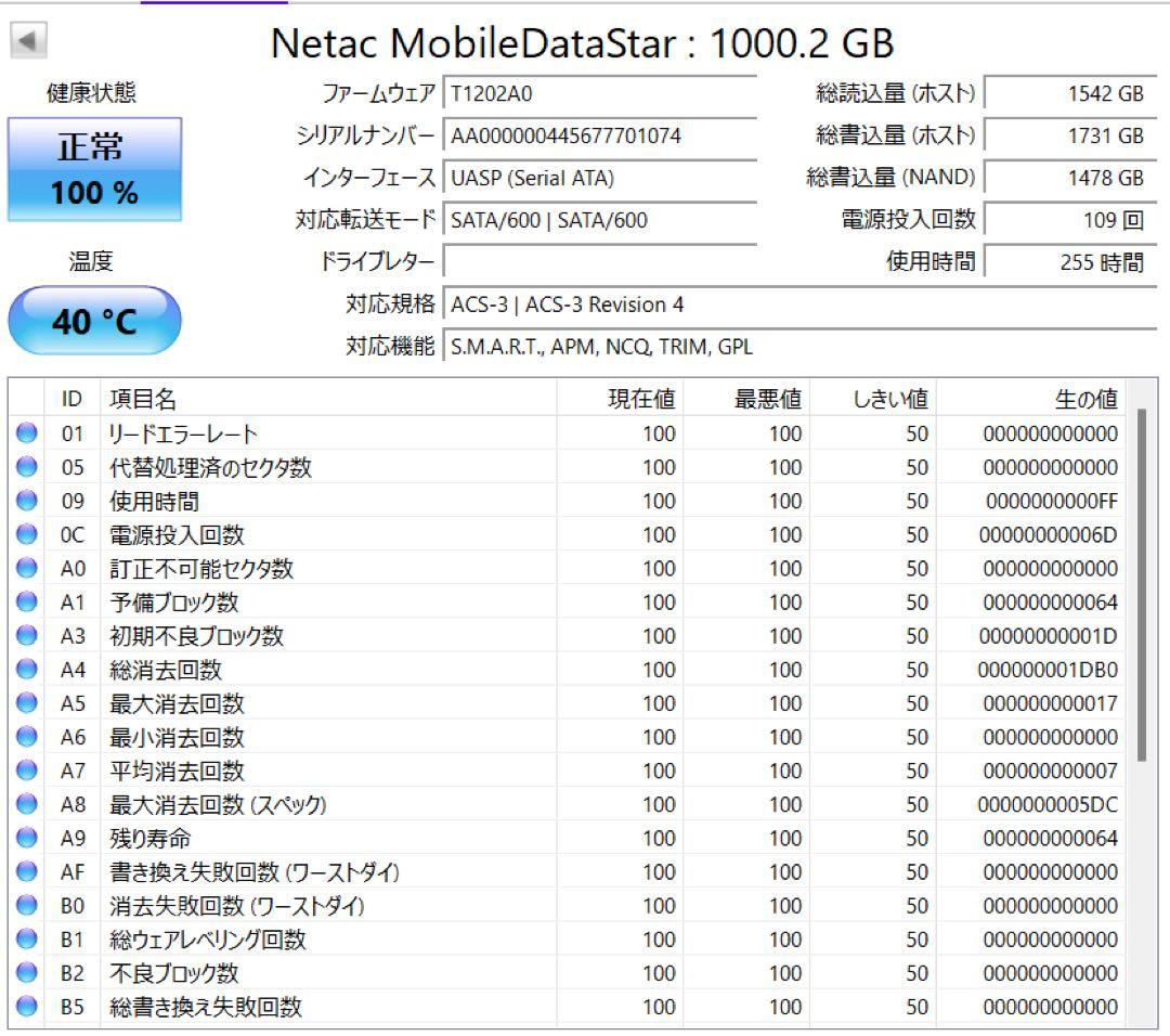 Netac 外付け Portable SSD 1TB Z slim 100%