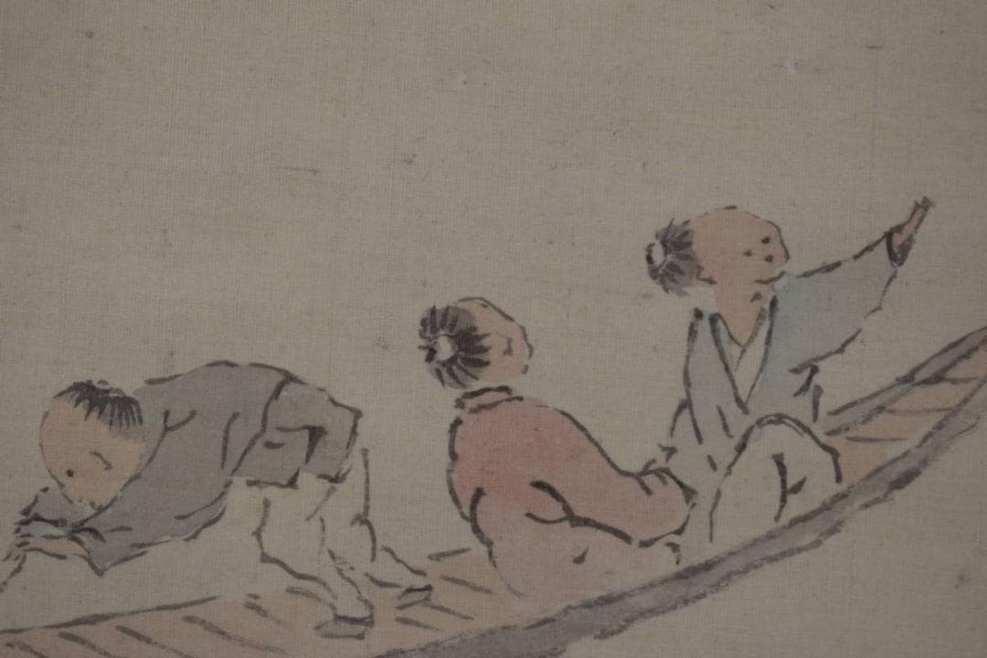 半雲/山水舟人物画賛/淡彩山水図/掛軸☆宝船☆Y-781　JM