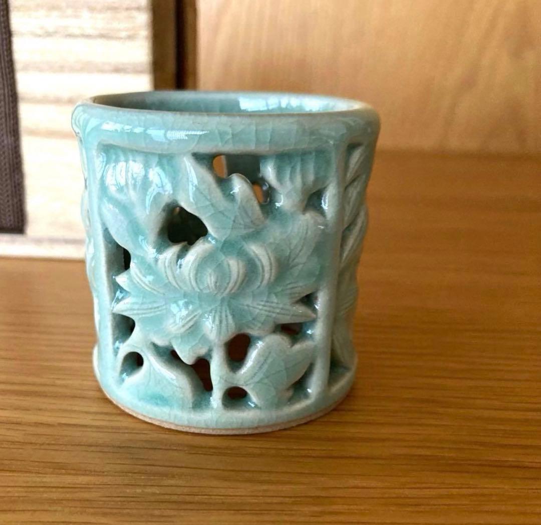 【茶道具】人間国宝 柳海剛 四君子透蓋置 高麗青磁