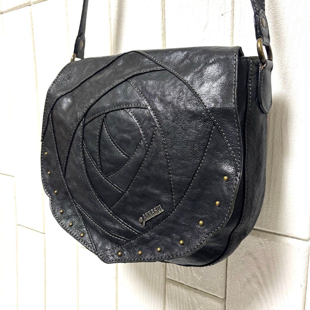 美品 ANASUI アナスイ ショルダーバッグ ローズウッド 本革 花柄 黒