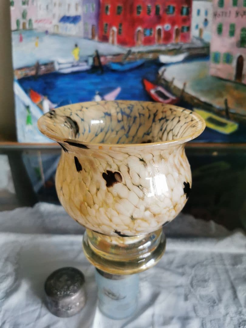 アンティーク ヴェネチアンガラス アンバー＆白＆鼈甲色＆金粉 工房物ラージベース