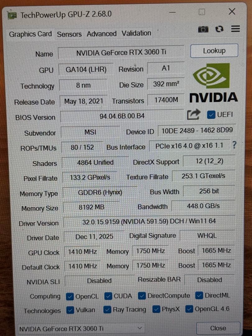 【ジャンク】MSI GEFORCE RTX 3060 ti