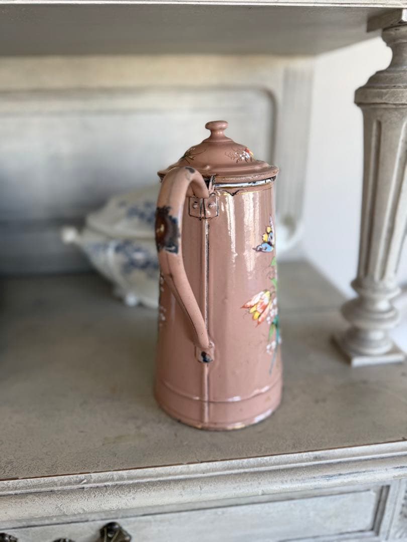 フランスアンティークエトワール社ミルクティー色チューリップ柄のホーローポット