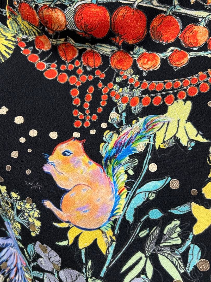 着物　振袖　Tsumori Chisato 黒地 鳥　リス　花 ポリエステル