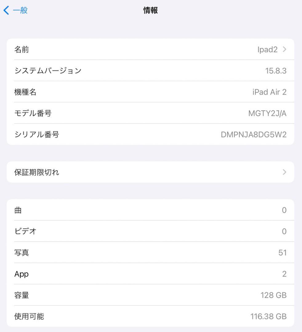 iPad Air2 Wi‑Fi 128GB シルバー 初期化済
