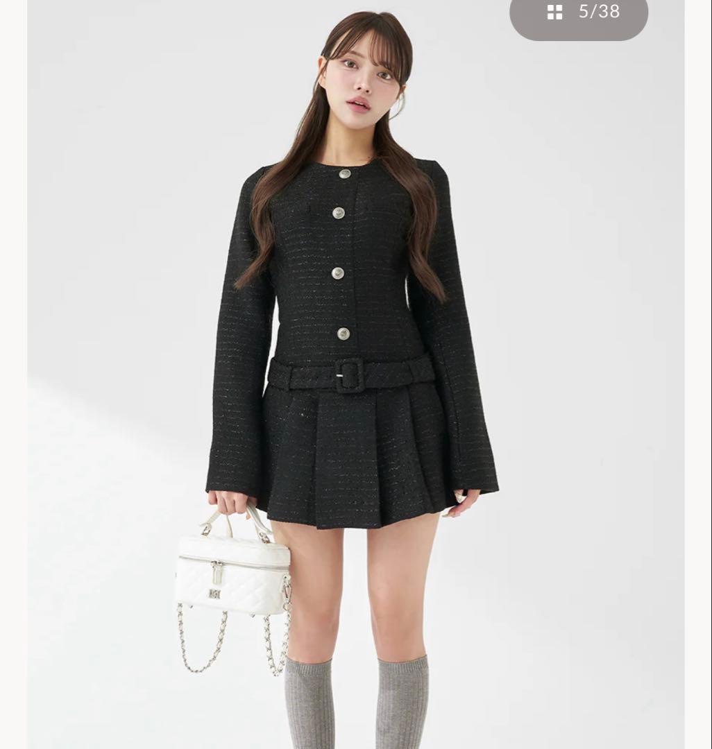 Darich ダーリッチ ボックスプリーツツイードミニワンピース ブラック